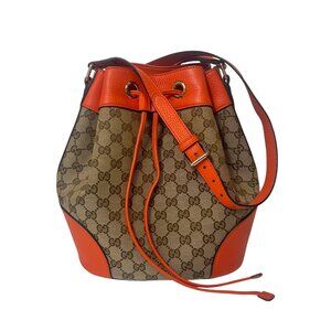 $1350 GUCCI Orange Beige Monogram GG Leather Canvas Bucket Shoulder Bag